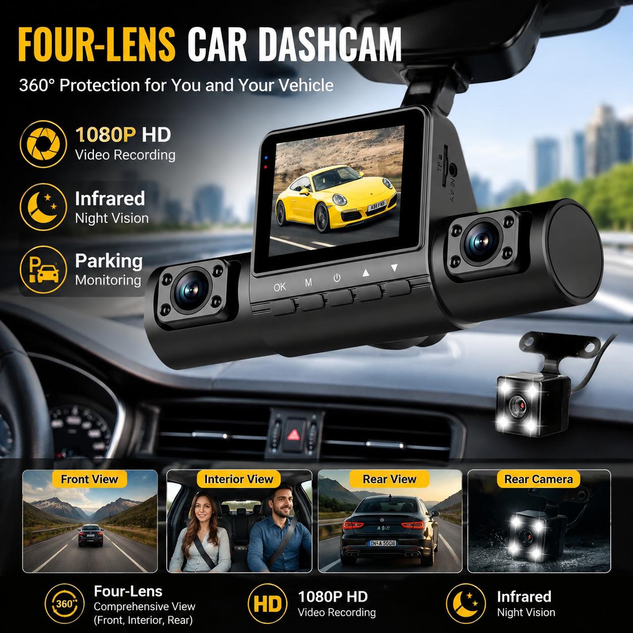 Panoramic Dash Cam 360 - كاميرا لوحة القيادة بـ 4 عدسات